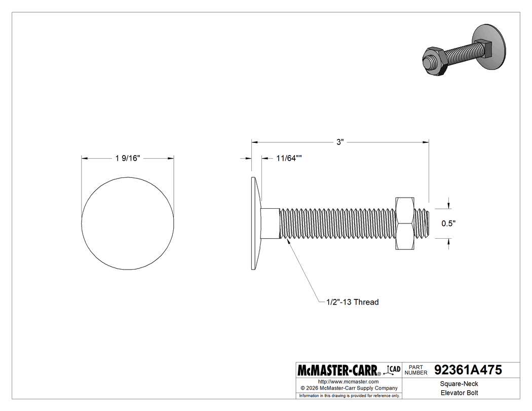 Technical Drawing of Square-Neck Elevator Bolt, 18-8 Stainless Steel, 1/2"-13 Thread Size, 3" Long.